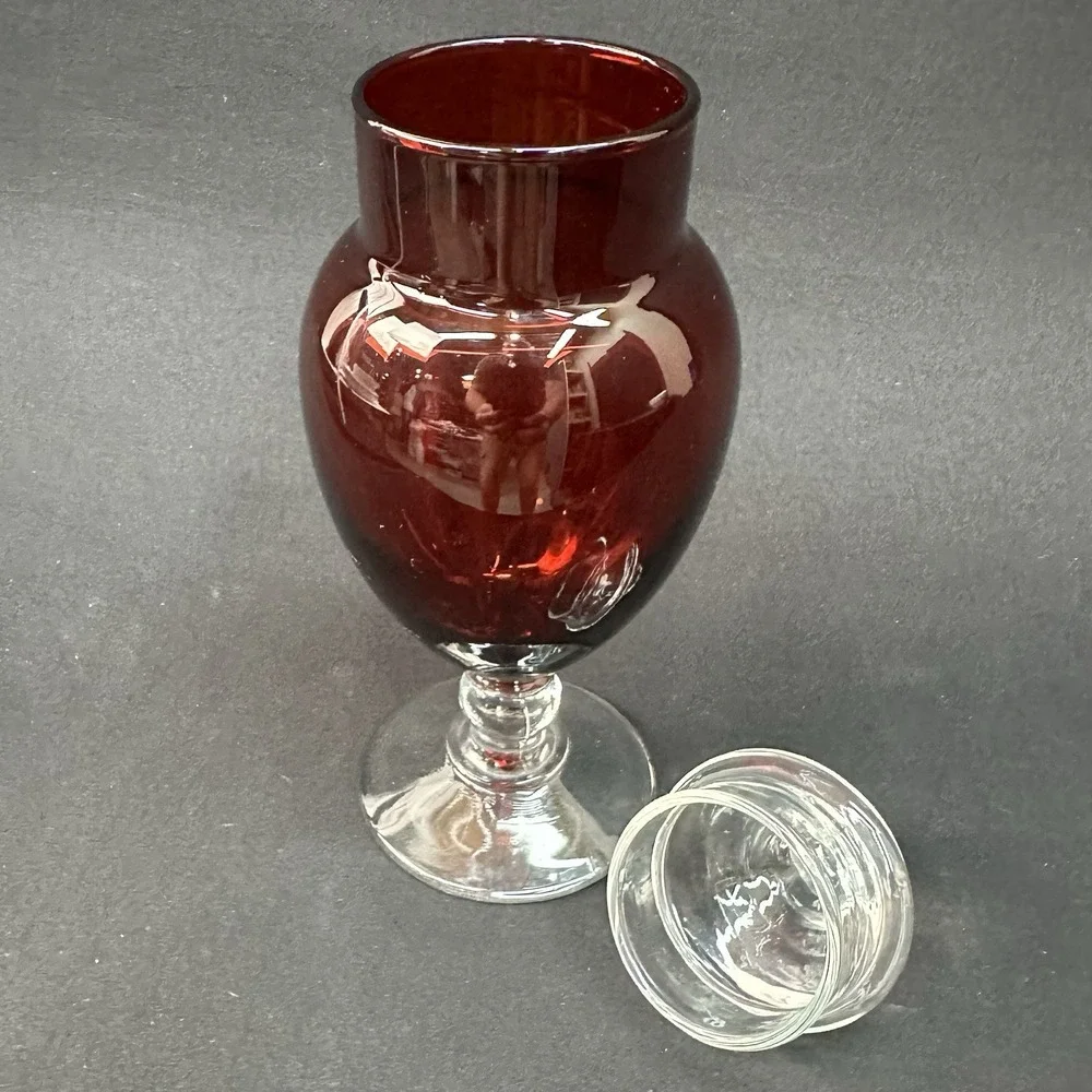 Anchor Hocking Royal Ruby Depression Glass Apothecary Jar With Clear Pedestal.